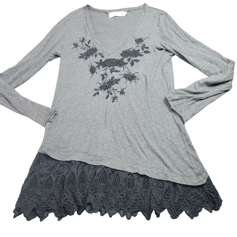 Johnny Was Love Liberty Gray Long Sleeve V-Neck Top With Floral Embroidery Lace